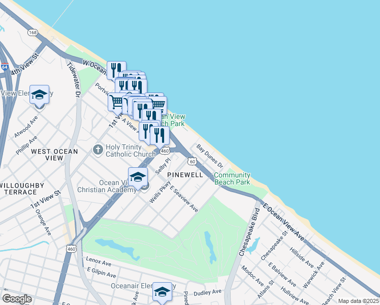 map of restaurants, bars, coffee shops, grocery stores, and more near 305 Pinewell Drive in Norfolk