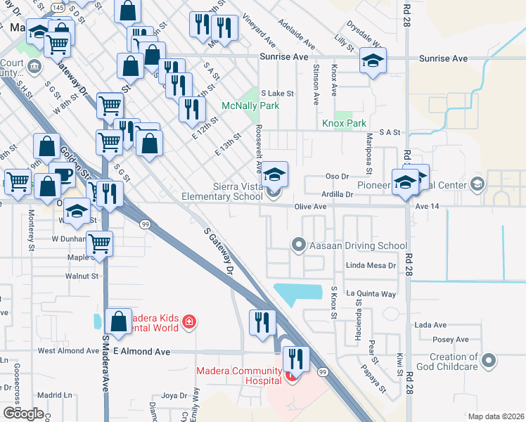 map of restaurants, bars, coffee shops, grocery stores, and more near 923 Varbella Park in Madera
