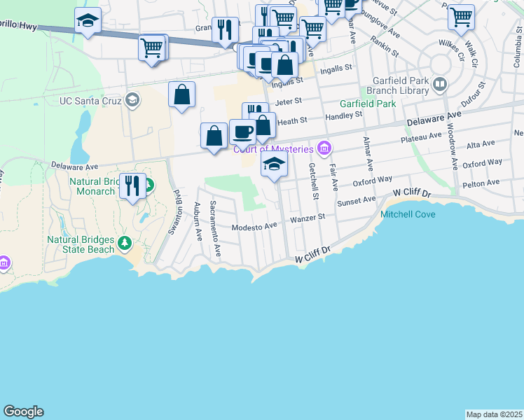 map of restaurants, bars, coffee shops, grocery stores, and more near 223 Merced Avenue in Santa Cruz