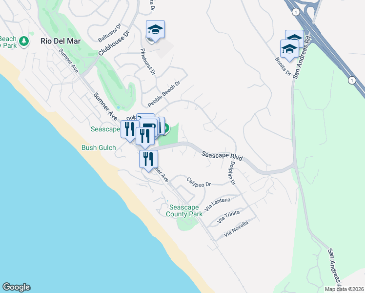 map of restaurants, bars, coffee shops, grocery stores, and more near 103 Provincetown Court in Aptos