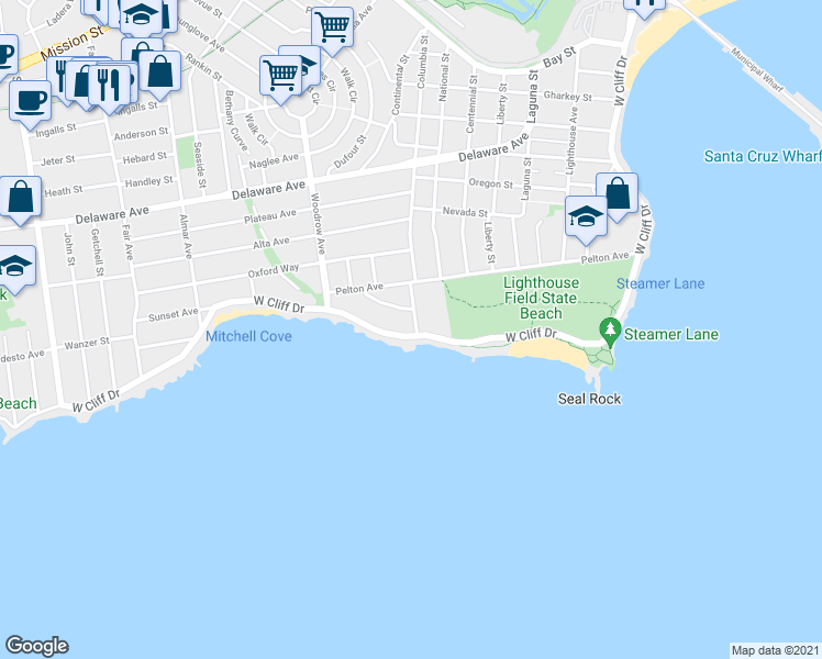 map of restaurants, bars, coffee shops, grocery stores, and more near 902 West Cliff Drive in Santa Cruz