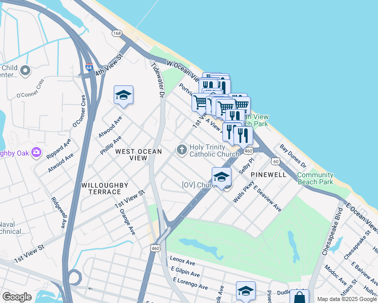 map of restaurants, bars, coffee shops, grocery stores, and more near 162 D View Avenue in Norfolk