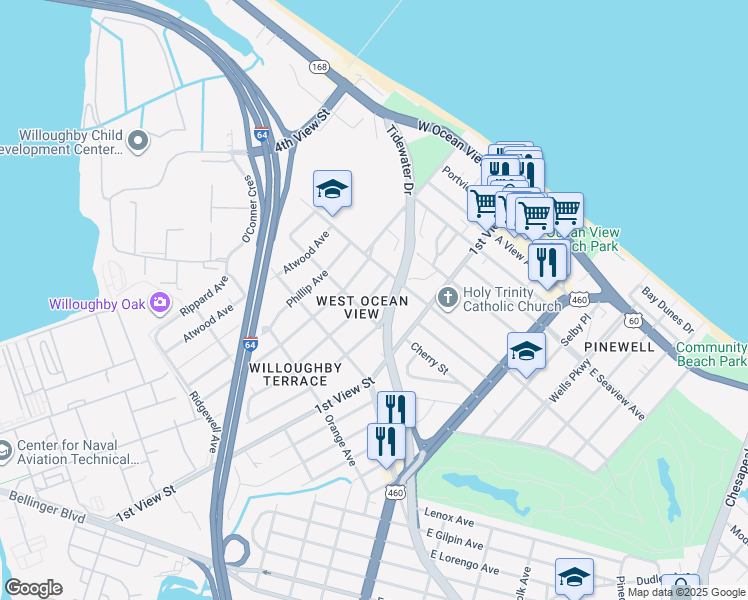 map of restaurants, bars, coffee shops, grocery stores, and more near 9454 Hickory Street in Norfolk