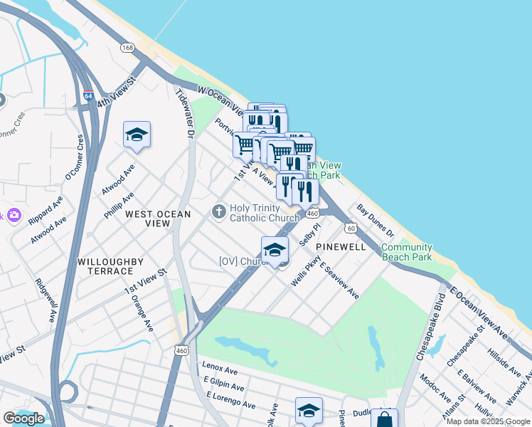 map of restaurants, bars, coffee shops, grocery stores, and more near 126 West Seaview Avenue in Norfolk