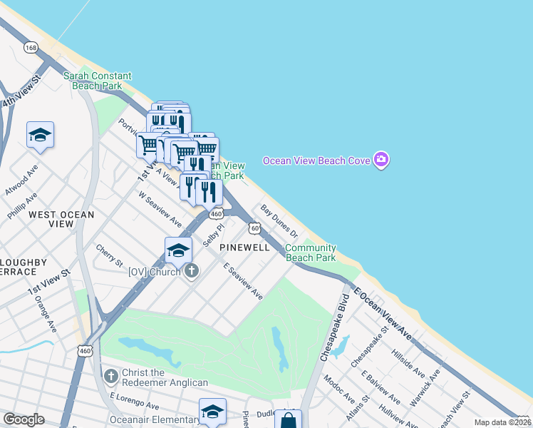 map of restaurants, bars, coffee shops, grocery stores, and more near 315 Bay Dunes Drive in Norfolk