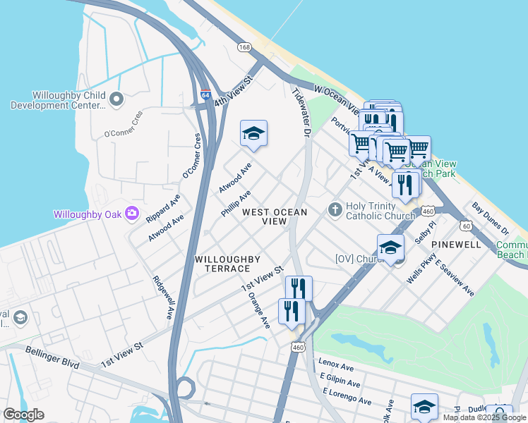 map of restaurants, bars, coffee shops, grocery stores, and more near 269 Cherry Street in Norfolk