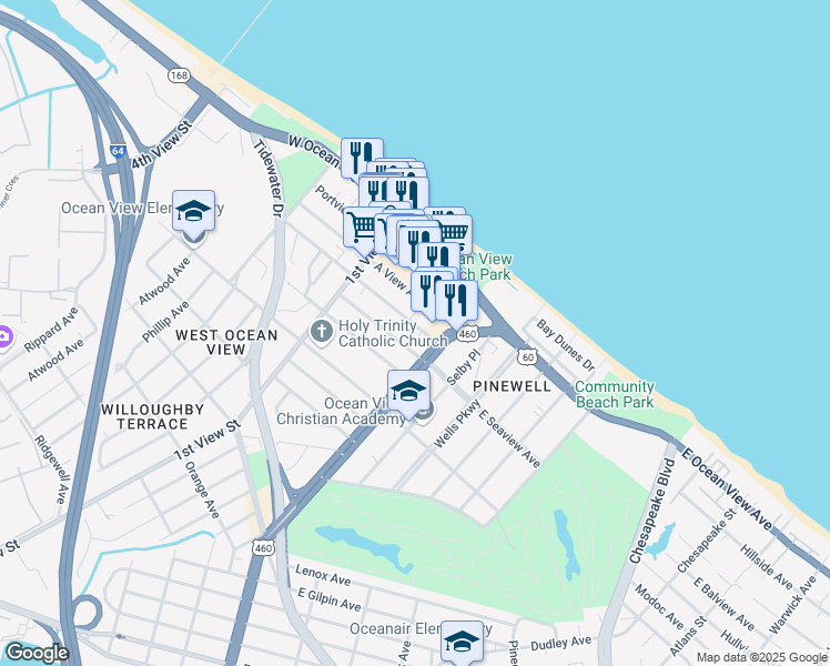map of restaurants, bars, coffee shops, grocery stores, and more near 113 West Balview Avenue in Norfolk