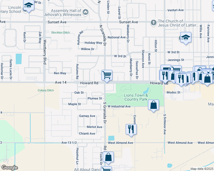 map of restaurants, bars, coffee shops, grocery stores, and more near 115 South Granada Drive in Madera
