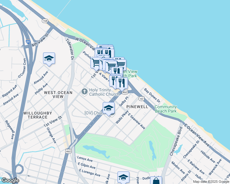 map of restaurants, bars, coffee shops, grocery stores, and more near 9617 Granby Street in Norfolk