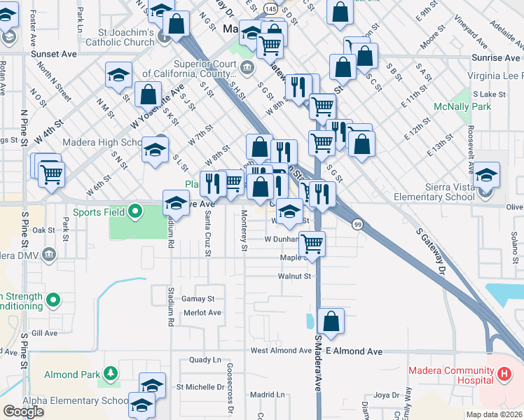 map of restaurants, bars, coffee shops, grocery stores, and more near 300 West Olive Avenue in Madera