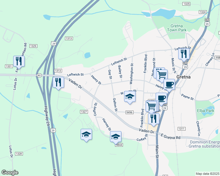 map of restaurants, bars, coffee shops, grocery stores, and more near 102 Dalton Street in Gretna