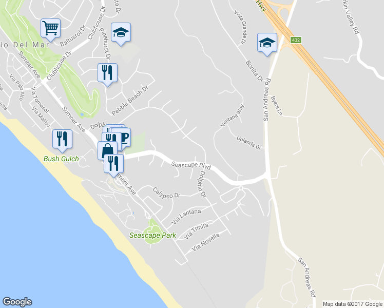 map of restaurants, bars, coffee shops, grocery stores, and more near 129 Don Lorenzo Court in Aptos