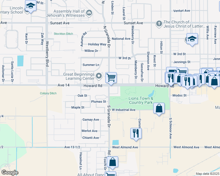 map of restaurants, bars, coffee shops, grocery stores, and more near 115 South Granada Drive in Madera