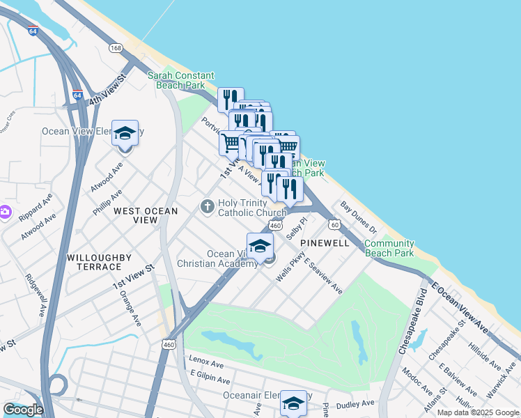 map of restaurants, bars, coffee shops, grocery stores, and more near 130 West Seaview Avenue in Norfolk