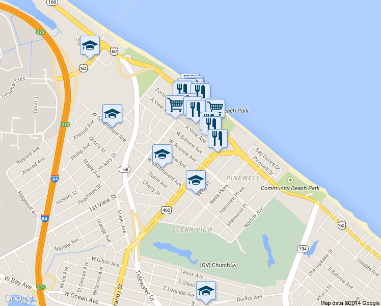 map of restaurants, bars, coffee shops, grocery stores, and more near 130 West Seaview Avenue in Norfolk