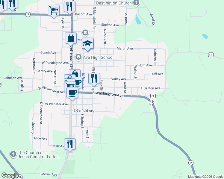map of restaurants, bars, coffee shops, grocery stores, and more near 707 Northeast 2nd Avenue in Ava