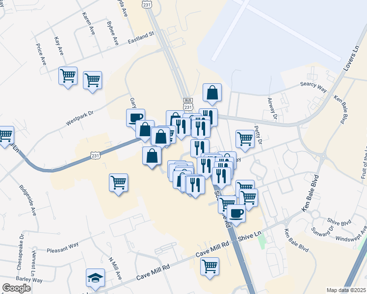 map of restaurants, bars, coffee shops, grocery stores, and more near 2493-2521 Scottsville Road in Bowling Green