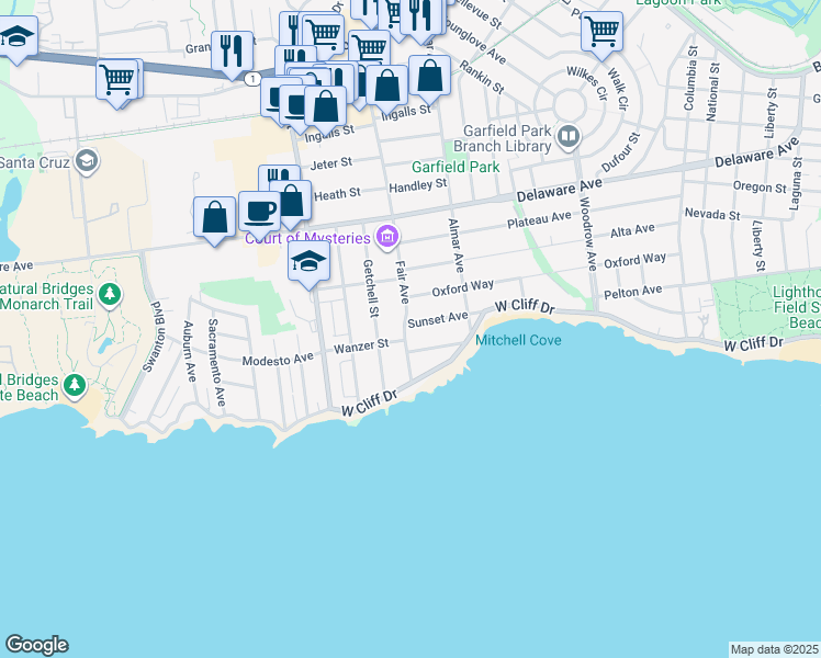 map of restaurants, bars, coffee shops, grocery stores, and more near 253 Sunset Avenue in Santa Cruz