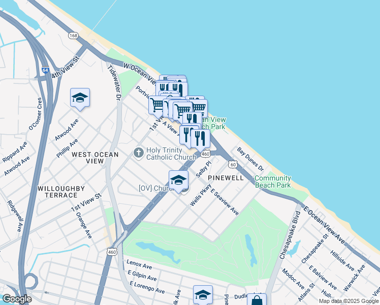 map of restaurants, bars, coffee shops, grocery stores, and more near 9619 Granby Street in Norfolk
