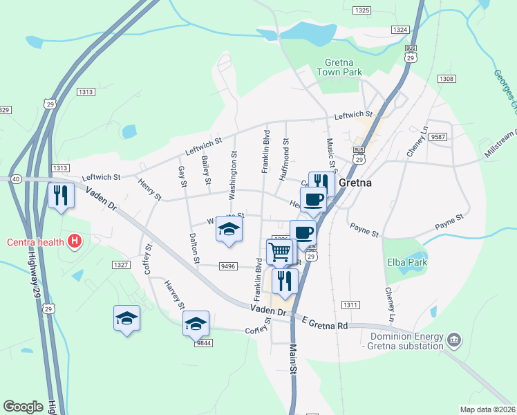 map of restaurants, bars, coffee shops, grocery stores, and more near 106 Franklin Boulevard in Gretna