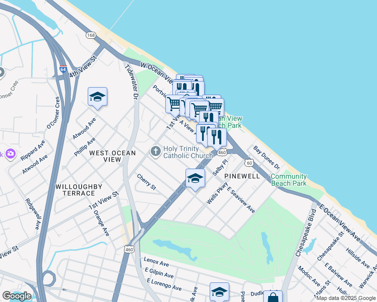 map of restaurants, bars, coffee shops, grocery stores, and more near 130 West Seaview Avenue in Norfolk