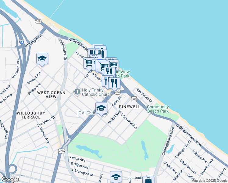 map of restaurants, bars, coffee shops, grocery stores, and more near 9619 Granby Street in Norfolk