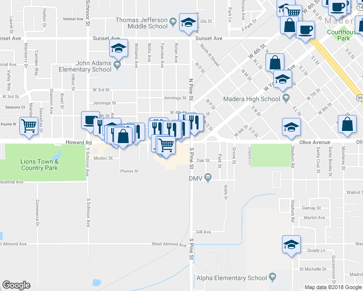 map of restaurants, bars, coffee shops, grocery stores, and more near 1420 Howard Road in Madera