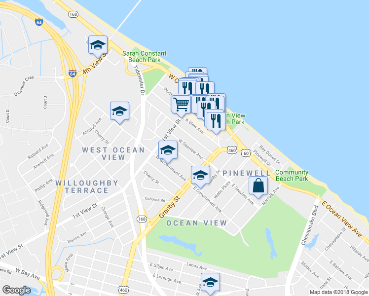 map of restaurants, bars, coffee shops, grocery stores, and more near 147 West Seaview Avenue in Norfolk