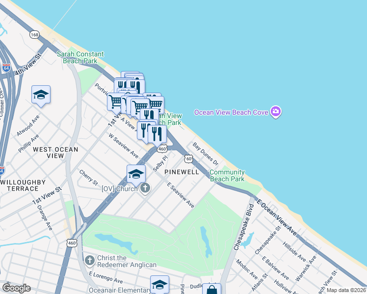 map of restaurants, bars, coffee shops, grocery stores, and more near 203 East Ocean View Avenue in Norfolk