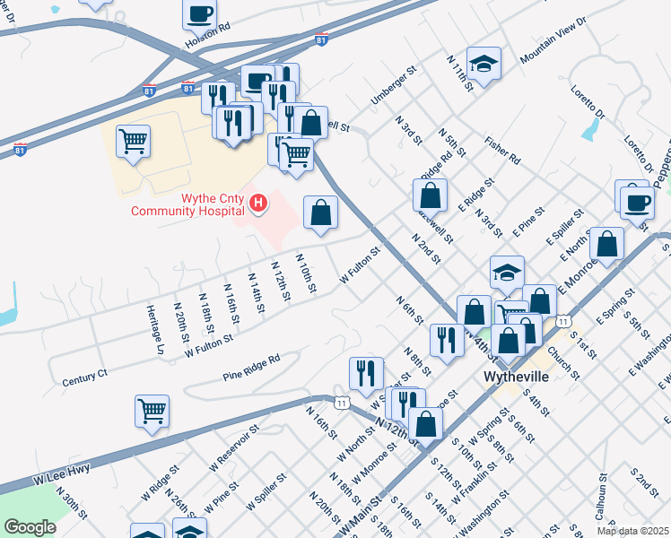 map of restaurants, bars, coffee shops, grocery stores, and more near 857 North 8th Street in Wytheville