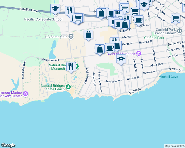 map of restaurants, bars, coffee shops, grocery stores, and more near 211 Auburn Avenue in Santa Cruz