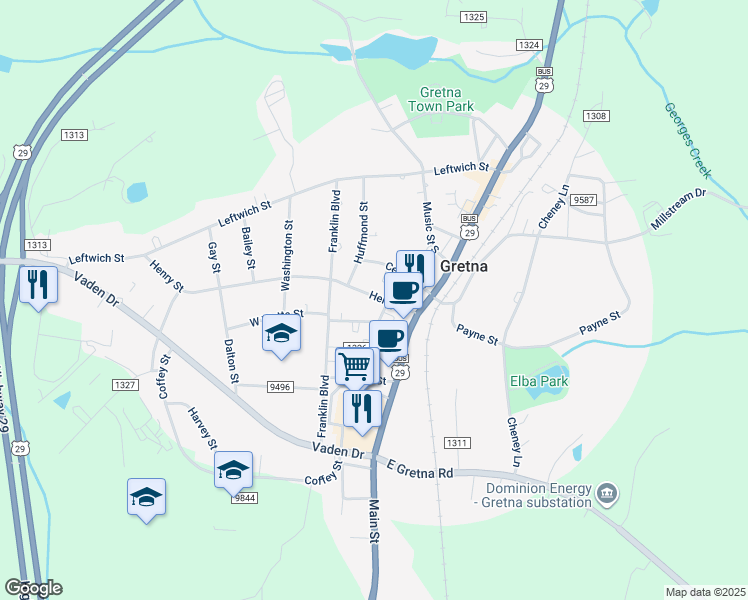 map of restaurants, bars, coffee shops, grocery stores, and more near 207 Henry Street in Gretna