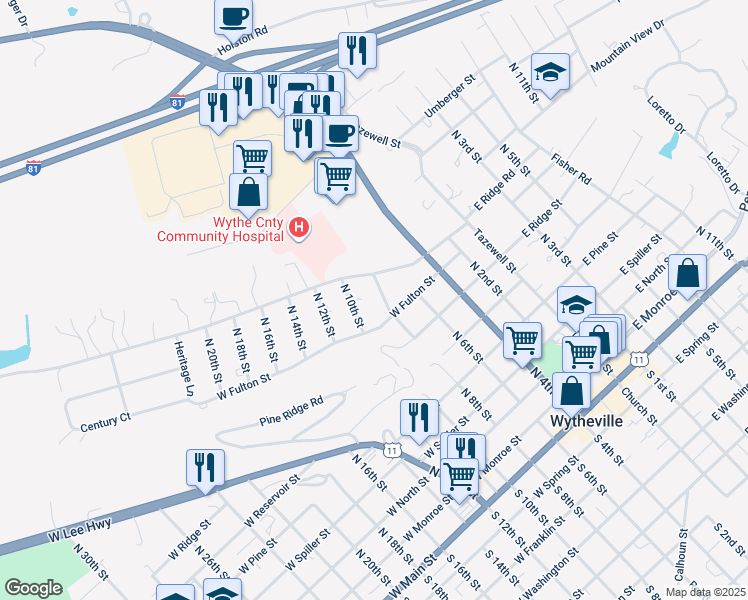 map of restaurants, bars, coffee shops, grocery stores, and more near 857 North 8th Street in Wytheville
