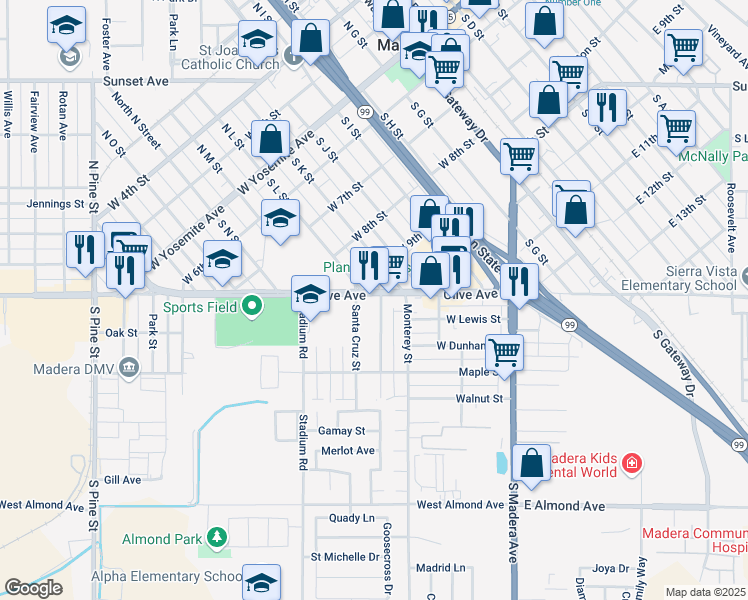 map of restaurants, bars, coffee shops, grocery stores, and more near 100 Santa Bonita Street in Madera