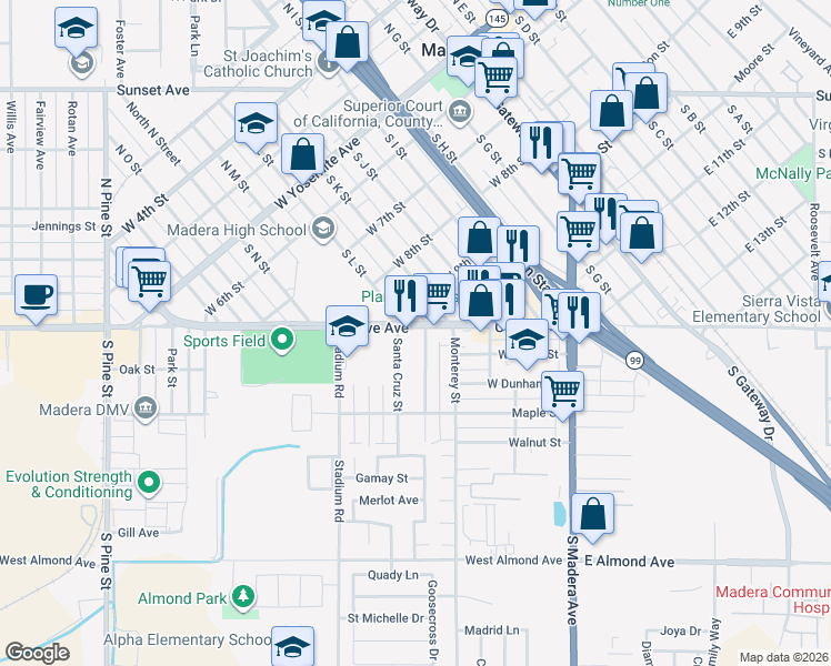 map of restaurants, bars, coffee shops, grocery stores, and more near 420 West Olive Avenue in Madera