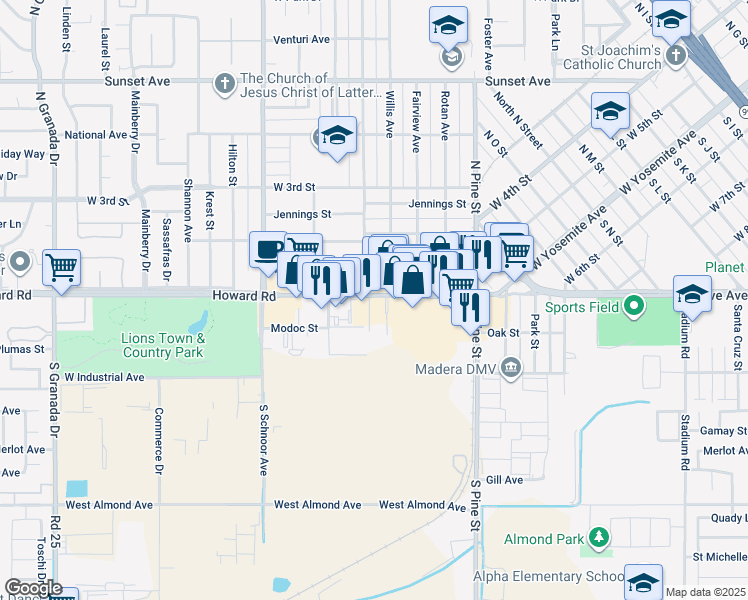 map of restaurants, bars, coffee shops, grocery stores, and more near 1712 Howard Road in Madera