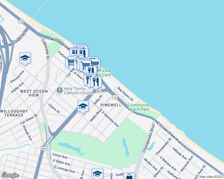 map of restaurants, bars, coffee shops, grocery stores, and more near 203 East Ocean View Avenue in Norfolk