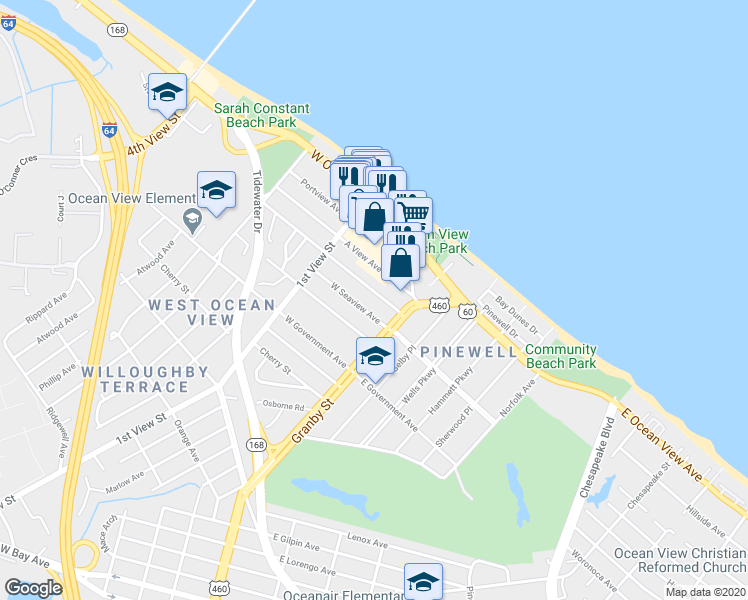 map of restaurants, bars, coffee shops, grocery stores, and more near 130 West Seaview Avenue in Norfolk