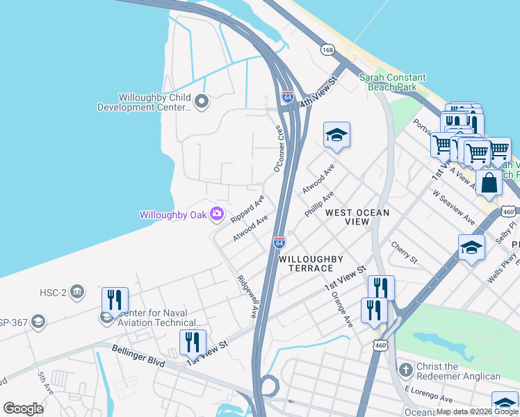 map of restaurants, bars, coffee shops, grocery stores, and more near 9283 Atwood Avenue in Norfolk