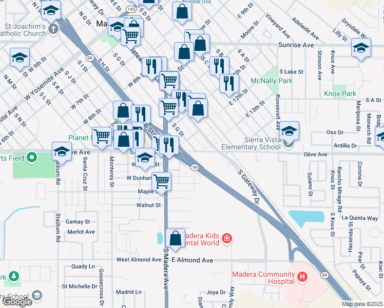 map of restaurants, bars, coffee shops, grocery stores, and more near 88 East Olive Avenue in Madera
