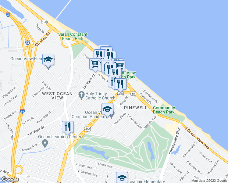 map of restaurants, bars, coffee shops, grocery stores, and more near 9625 Granby Street in Norfolk