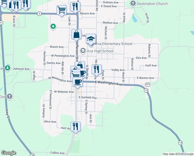 map of restaurants, bars, coffee shops, grocery stores, and more near West Lincoln Avenue in Ava