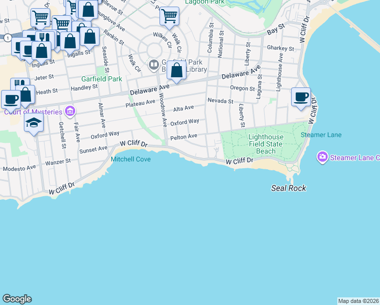 map of restaurants, bars, coffee shops, grocery stores, and more near 946 West Cliff Drive in Santa Cruz
