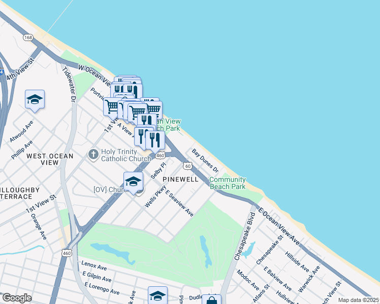 map of restaurants, bars, coffee shops, grocery stores, and more near 9718 Seabreeze Road in Norfolk