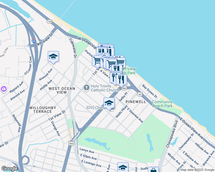 map of restaurants, bars, coffee shops, grocery stores, and more near 125 West Balview Avenue in Norfolk