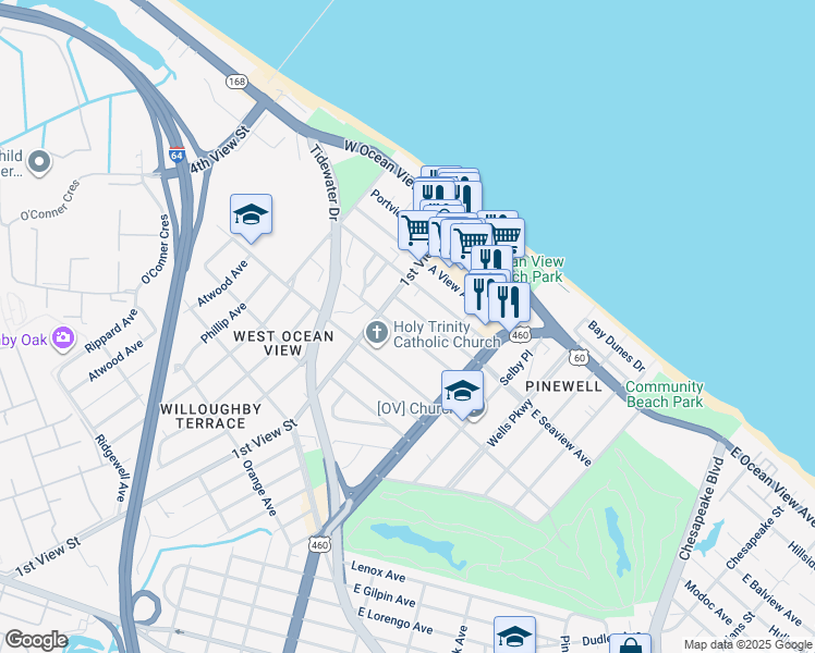 map of restaurants, bars, coffee shops, grocery stores, and more near 162 D View Avenue in Norfolk