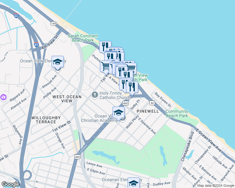 map of restaurants, bars, coffee shops, grocery stores, and more near 130 West Seaview Avenue in Norfolk