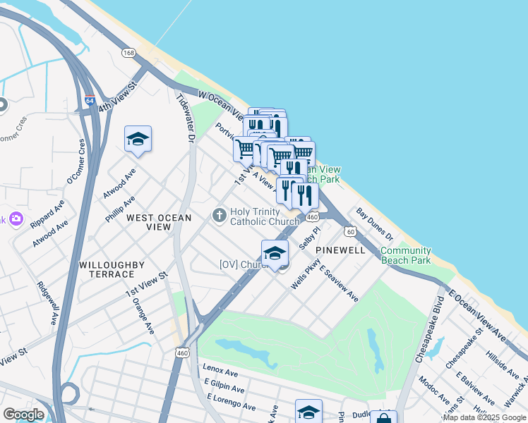 map of restaurants, bars, coffee shops, grocery stores, and more near 130 West Seaview Avenue in Norfolk