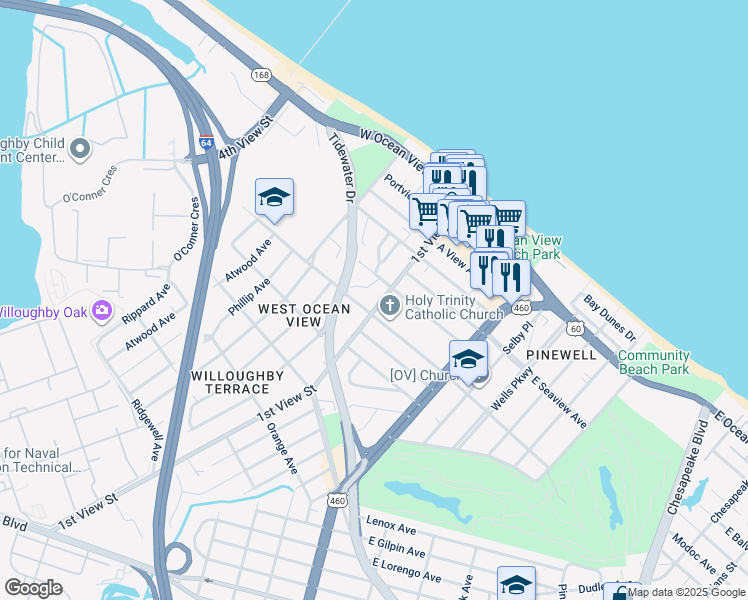 map of restaurants, bars, coffee shops, grocery stores, and more near 9514 1st View Street in Norfolk