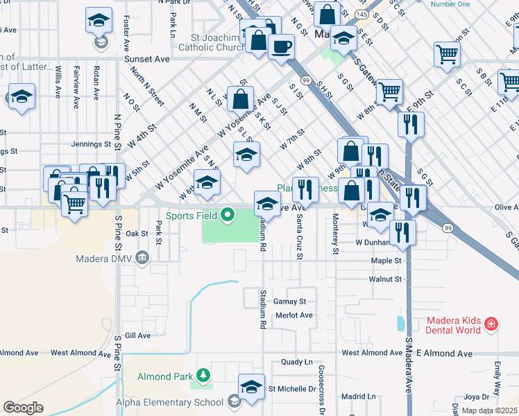 map of restaurants, bars, coffee shops, grocery stores, and more near in Madera